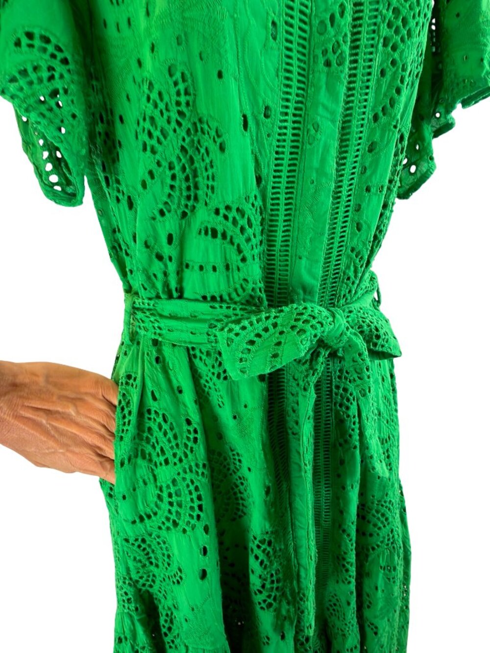 Ciebon Anthropologie Green Eyelet Lace Palm Midi Dress Size Large - Picture 4 of 15
